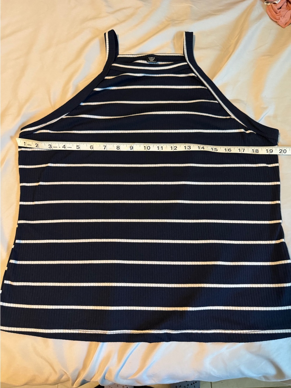 SHEIN Navy and White Striped Ribbed Halter Tank Top